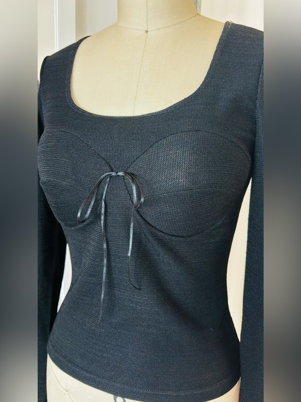 Moschino Black Knit Top - Structured Bustier Cup in Long-Sleeve Scoop Neck